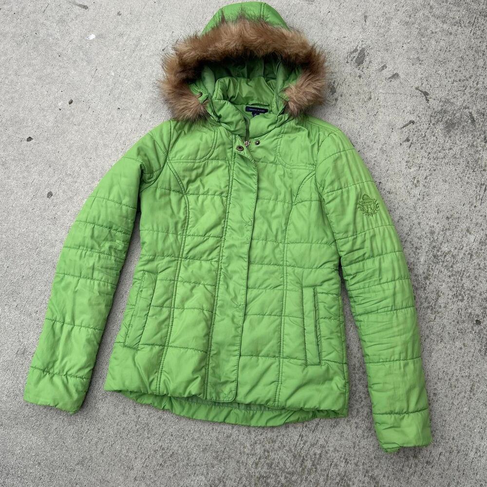 Y2k lime green Tommy Hilfiger women's puffer jacket with fur hood